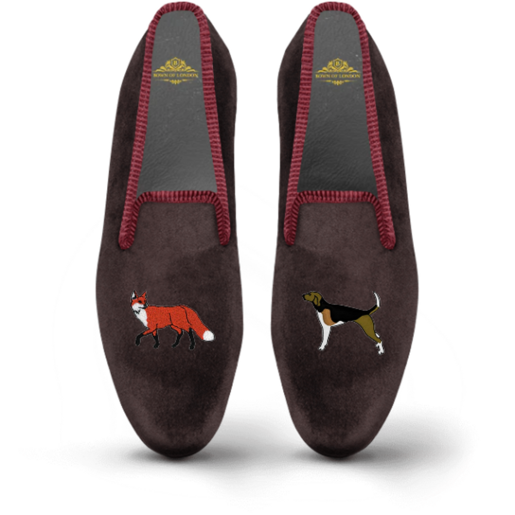 fox and hound design custom velvet slipper / shoe | Bown of London