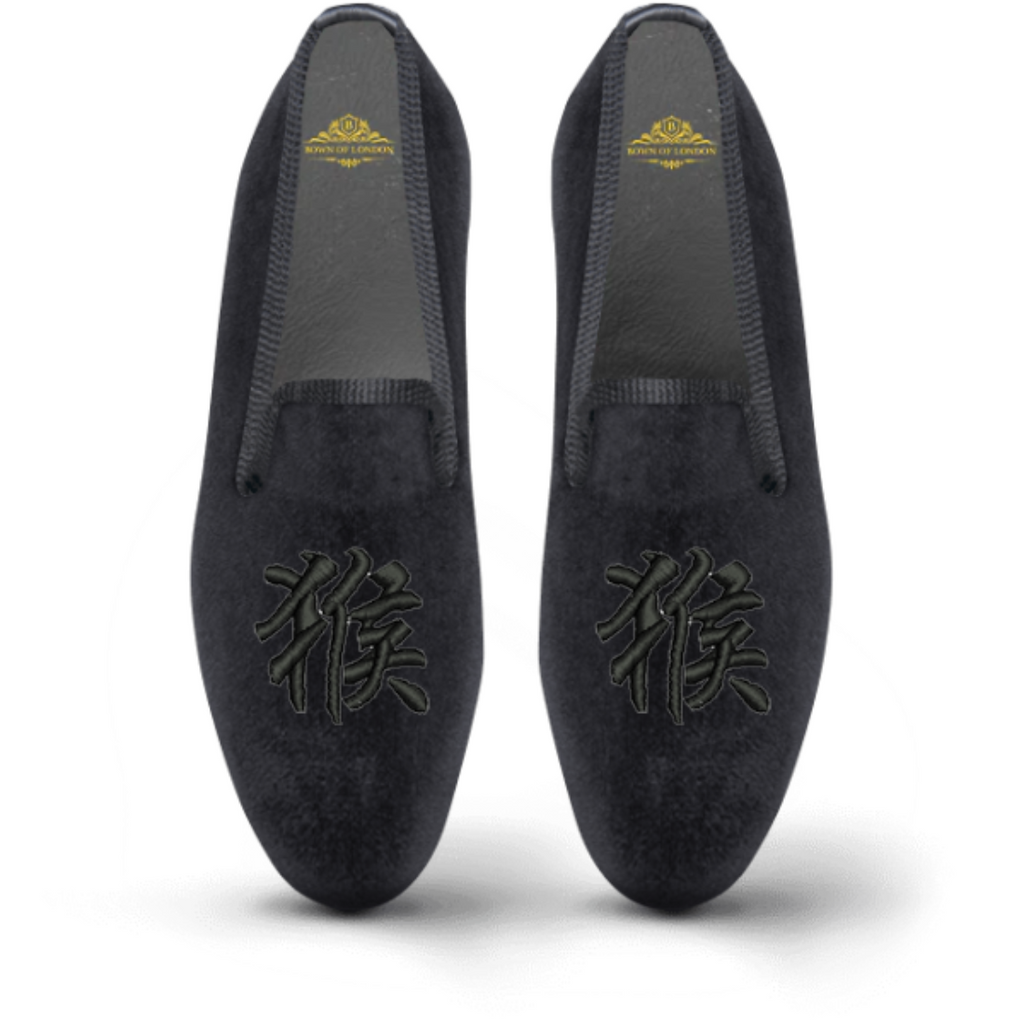 Kanji design on custom velvet slipper / shoes | Bown of London