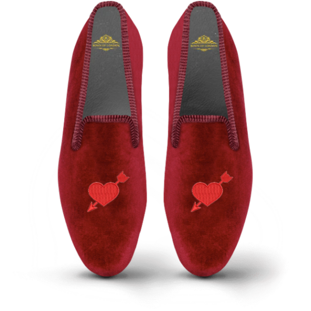 Shot through the heart design on custom velvet slipper / shoes | Bown of London