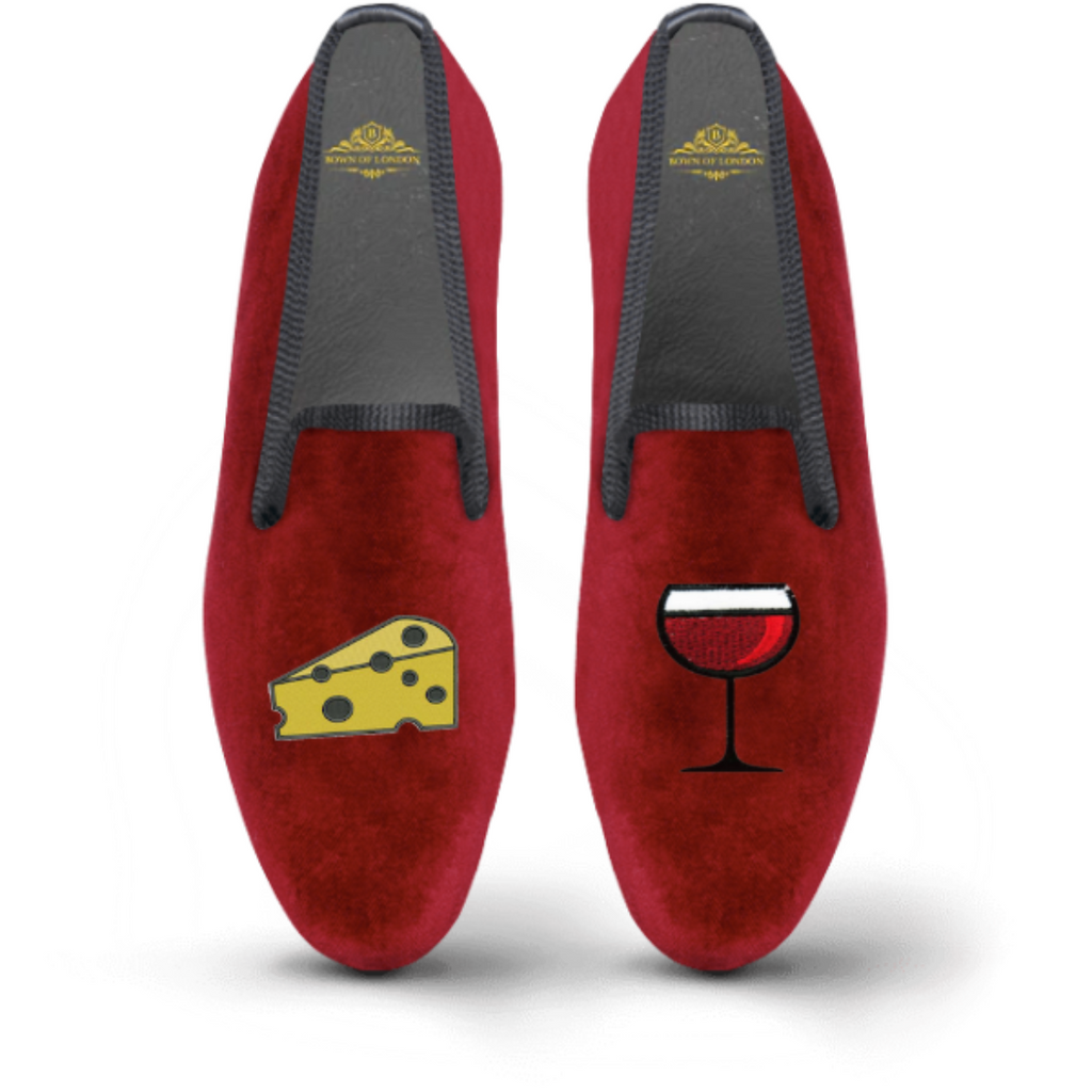 wine and cheese design custom velvet slipper / shoe | Bown of London